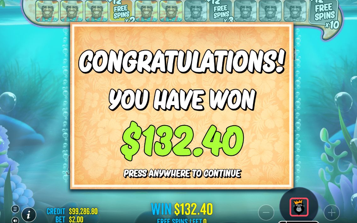 Win screen with fish money values on the paylines