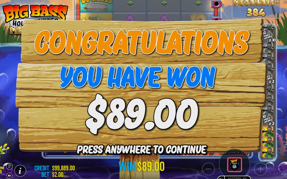 Win screen showing the amount won this round
